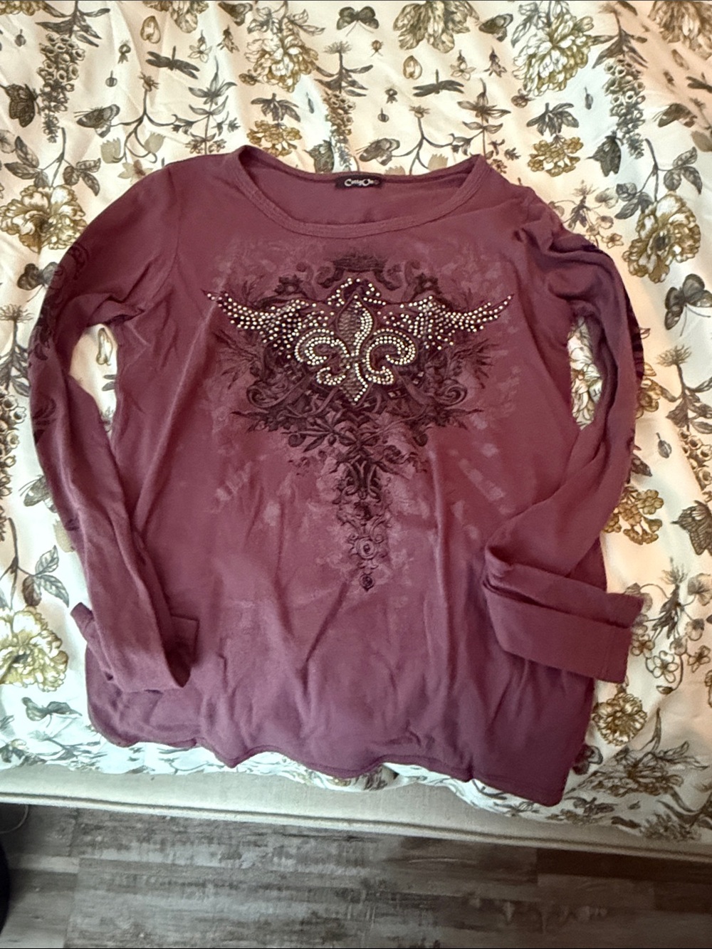 Cache Plum Long-Sleeve Fleur-de-Lis Embellished Tee